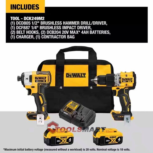 Акумуляторний безщітковий набір шуруповертів DEWALT DCK249M2 20V MAX