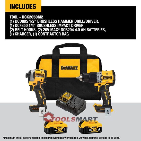 Акумуляторний безщітковий набір шуруповертів DEWALT DCK2050M2 20V MAX