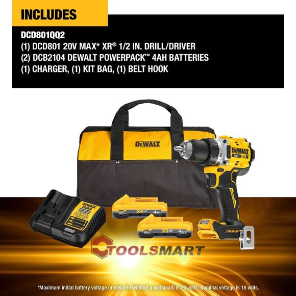Аккумуляторний безщітковий шуруповерт DEWALT DCD801QQ2 20V MAX POWERPACK