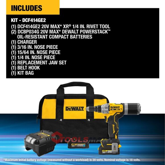 Аккумуляторный заклепочник 1/4 DEWALT DCF414GE2 20V MAX XR