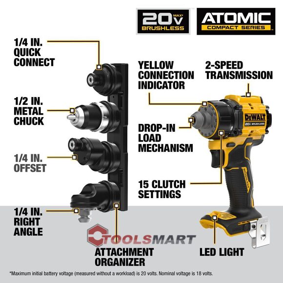 Бесщетковий акумуляторний мульти шуруповерт зі змінними насадками DEWALT DCD803B ATOMIC 20V MAX