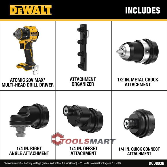 Бесщетковий акумуляторний мульти шуруповерт зі змінними насадками DEWALT DCD803B ATOMIC 20V MAX