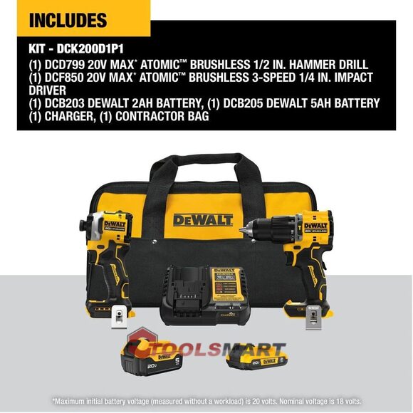 Набір безщіткових шуруповертів DEWALT DCK200D1P1 ATOMIC 20V MAX