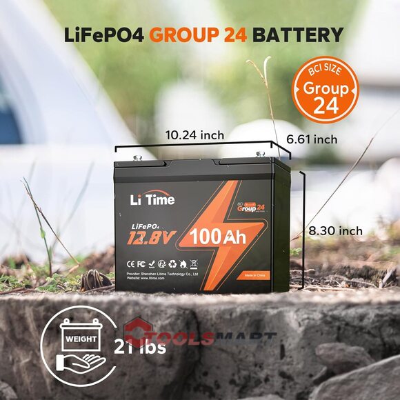 Акумулятор LiTime 12V 100Ah LiFePO4 Group 24 Lithium 1280Wh 100A BMS
