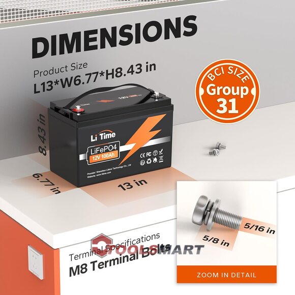 Акумулятор LiTime 12V 100Ah LiFePO4 Group 31 Lithium 1280Wh 100A BMS