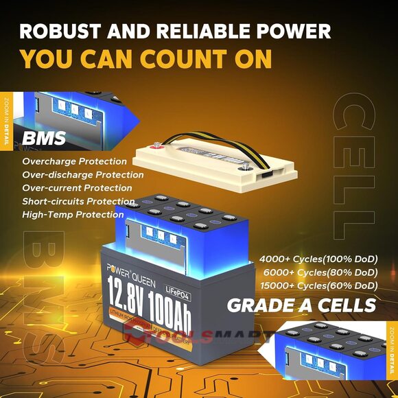 Літій-залізо-фосфатний акумулятор Power Queen 12V 100Ah LiFePO4 Group 31 1280Wh 100A BMS