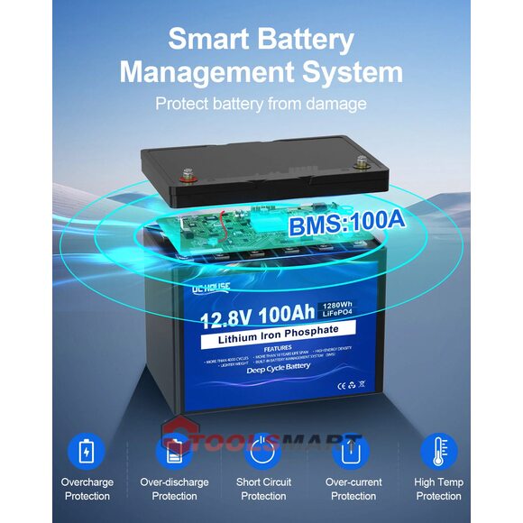 Літій-залізо-фосфатний акумулятор DC HOUSE (ECO-WORTHY) 12V 100Ah LiFePO4 Group 24 1280Wh 100A BMS